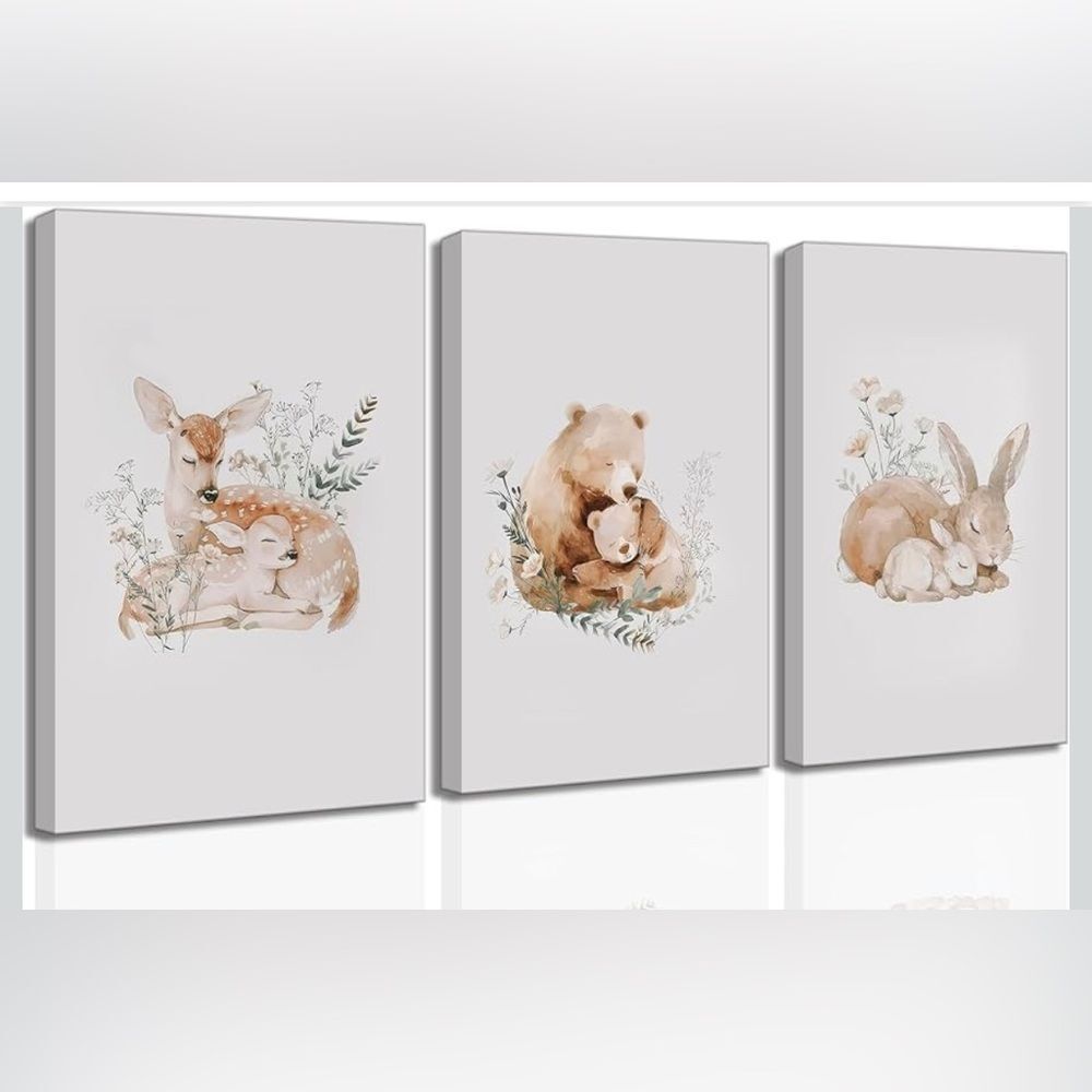 Set of 3 Nursery Wall Art Canvas Prints – Woodland Animals, 24x16